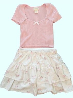 Pink Knit Top & Cream Floral Tiered Skirt Set